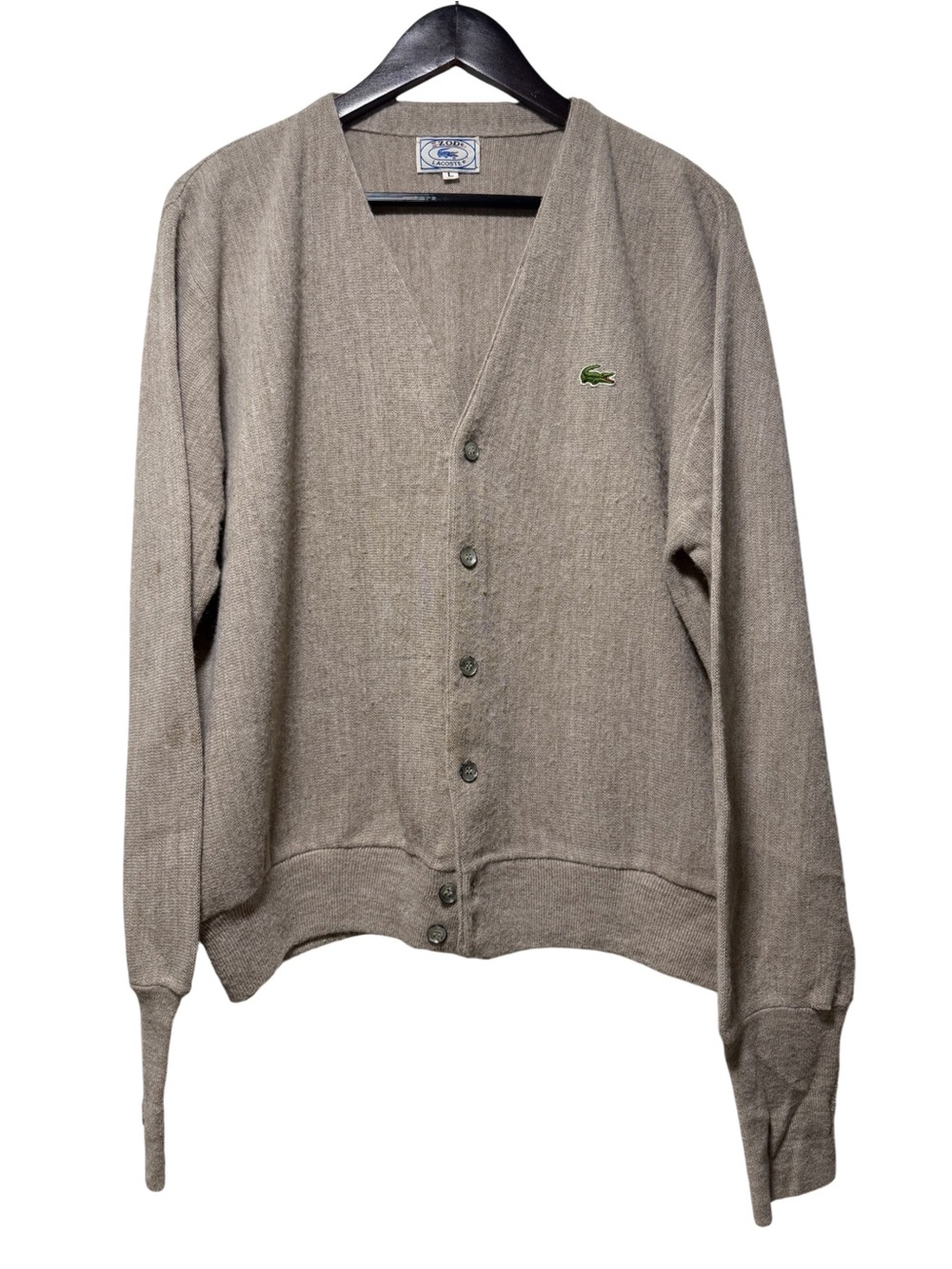 Vintage 80s Izod Lacoste Cardigan Tan Blue Label Mens Size L Preppy Kurt Cobain